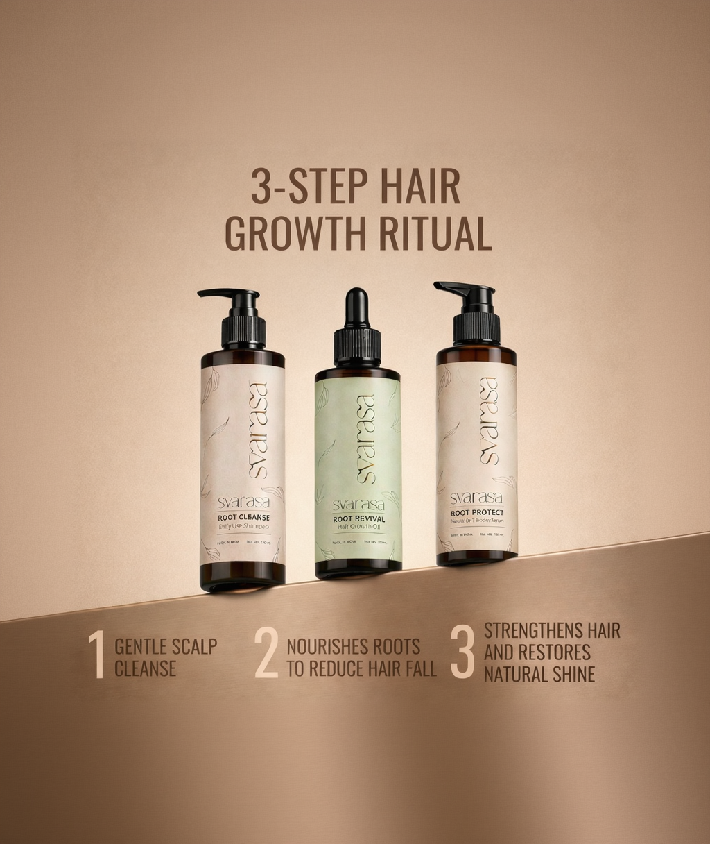 Three hair care products with labels on a beige background, featuring '3-Step Hair Growth Ritual' text.