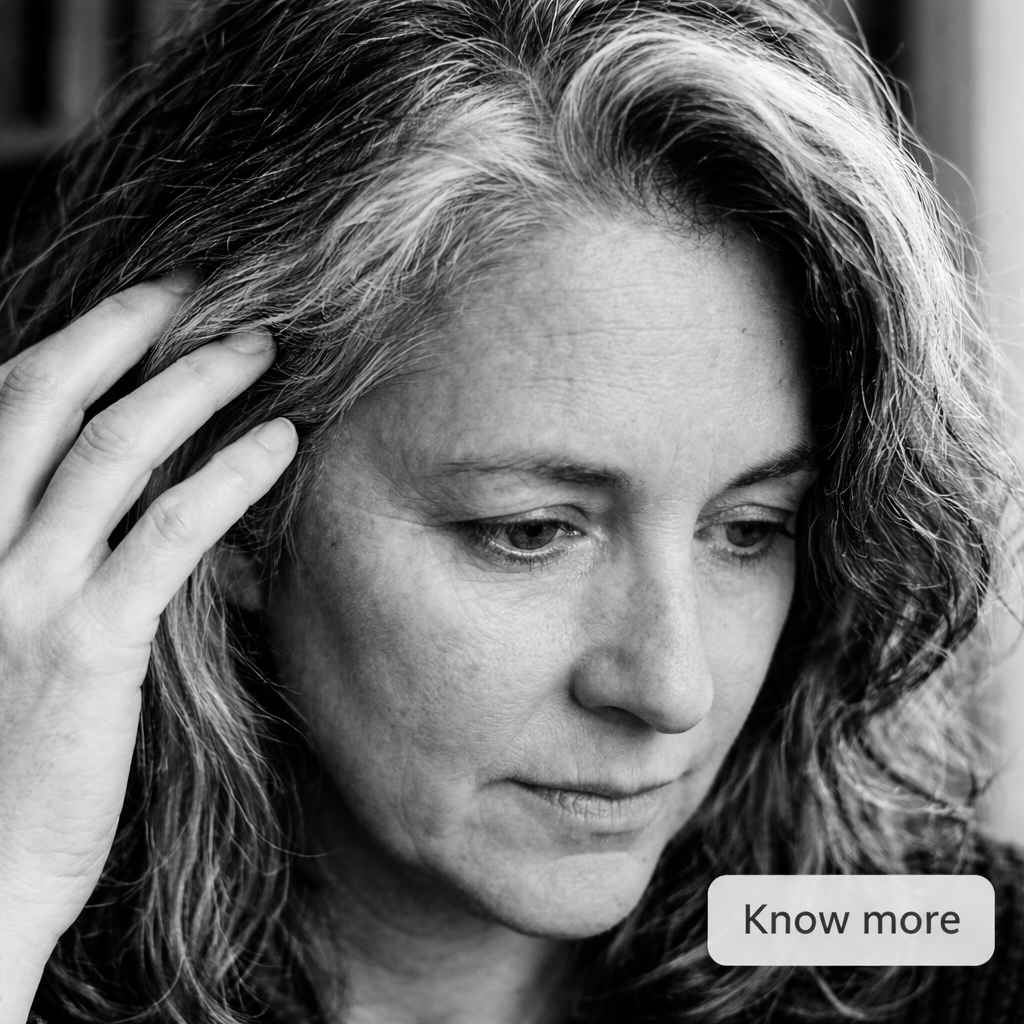 Black and white photo of a woman with her hand on her head, looking thoughtful.