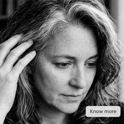 Black and white photo of a woman with her hand on her head, looking thoughtful.
