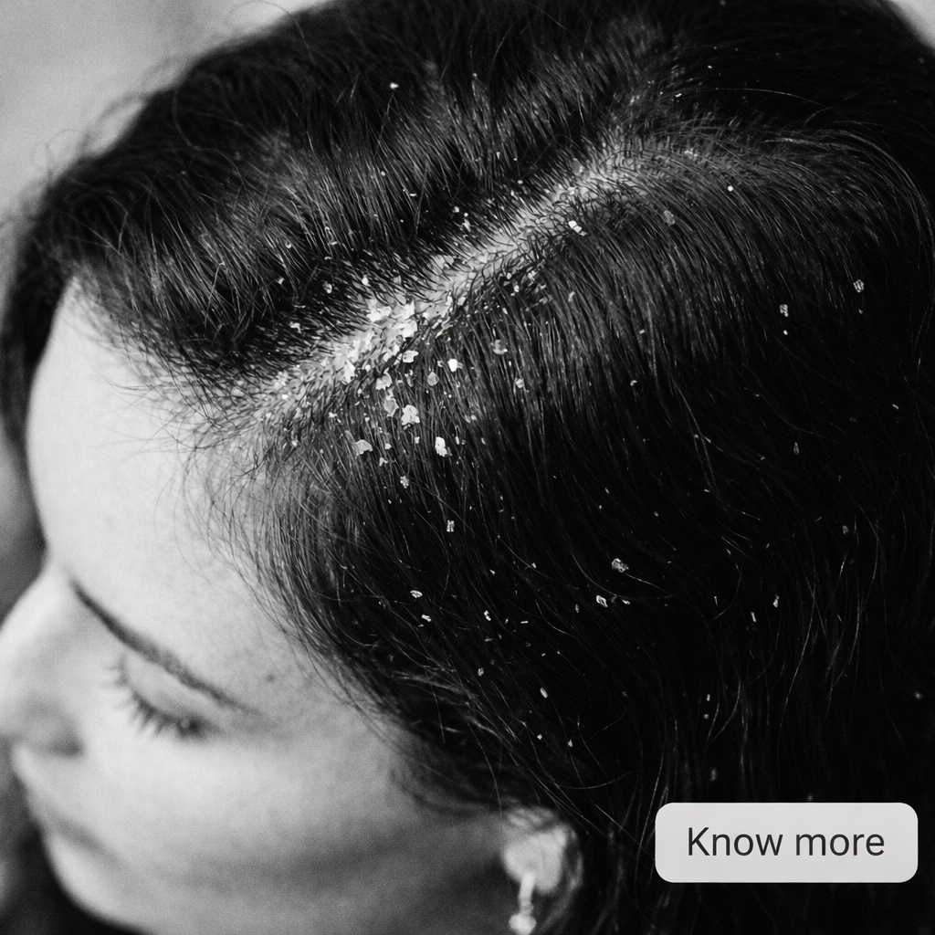Close-up of a person with glitter on their forehead, with 'Know more' text overlay.