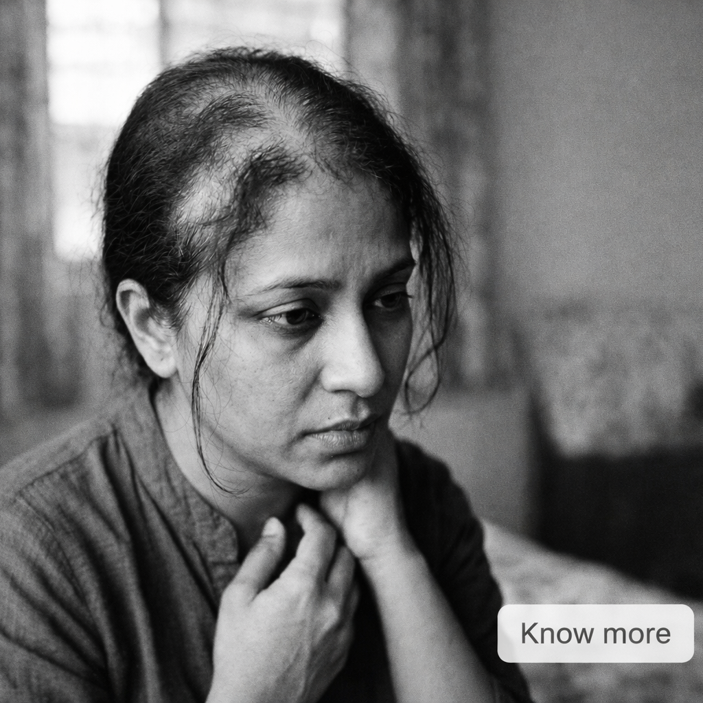 Black and white photo of a woman sitting on a couch with a concerned expression.