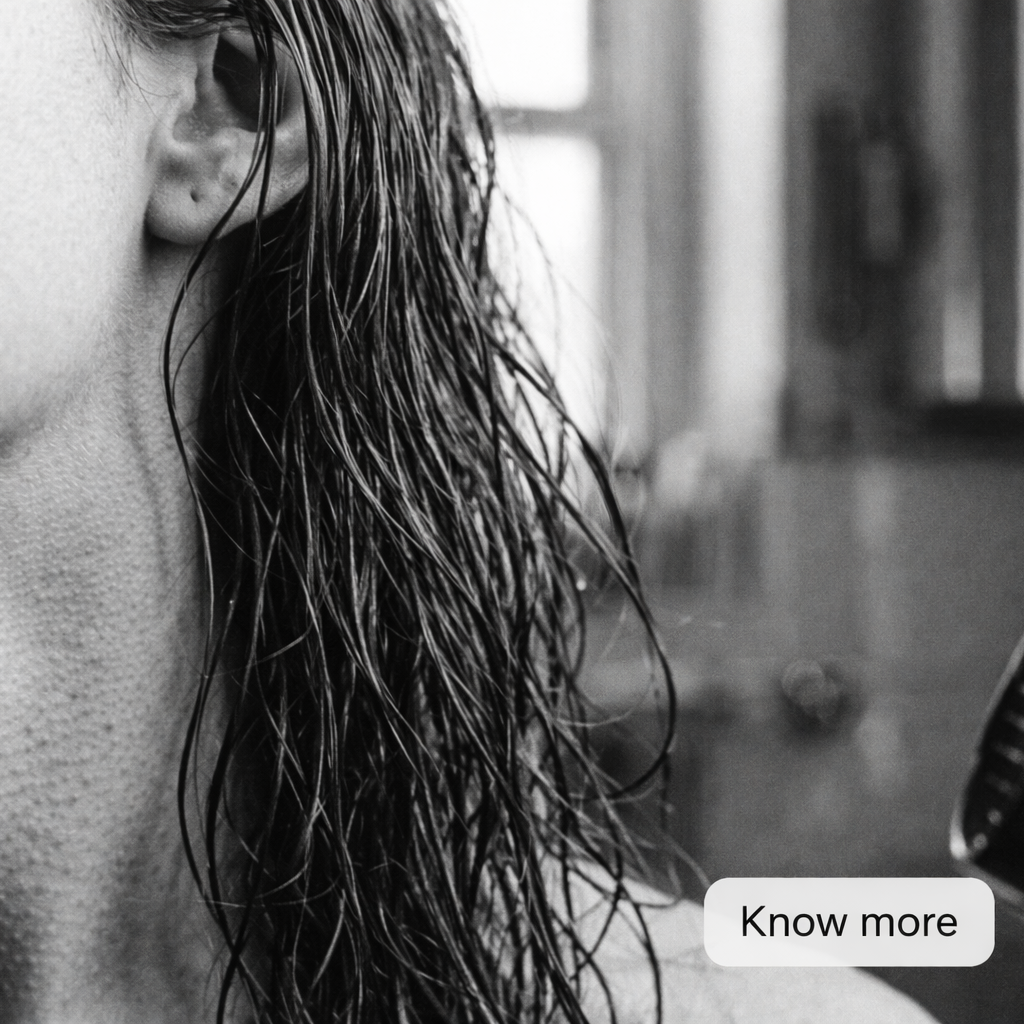 Person with wet hair in a bathroom setting, with a 'Know more' button overlay.