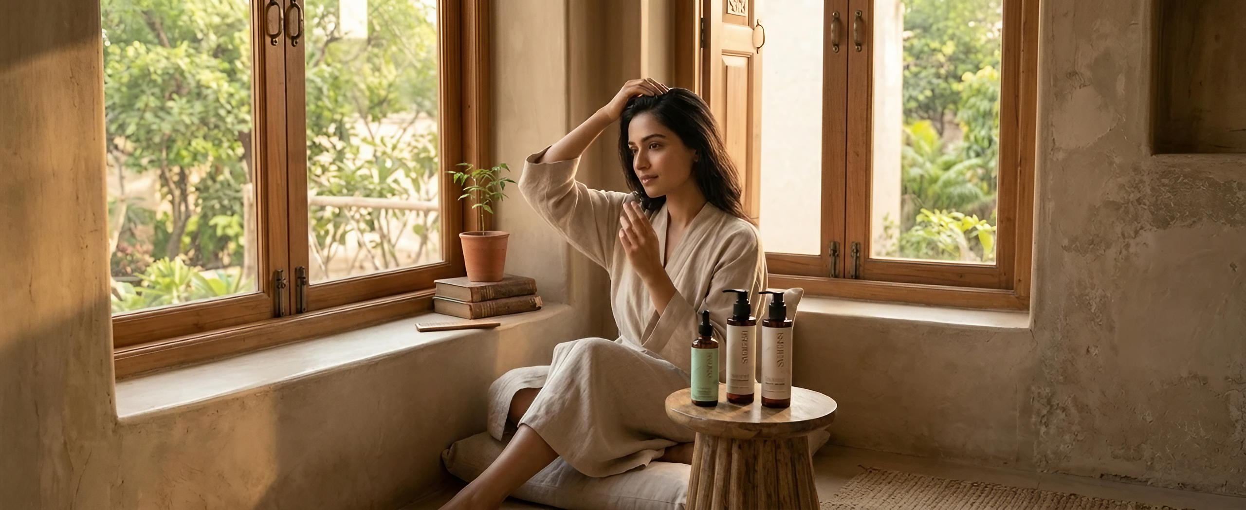 woman with svarasa hair care bottles