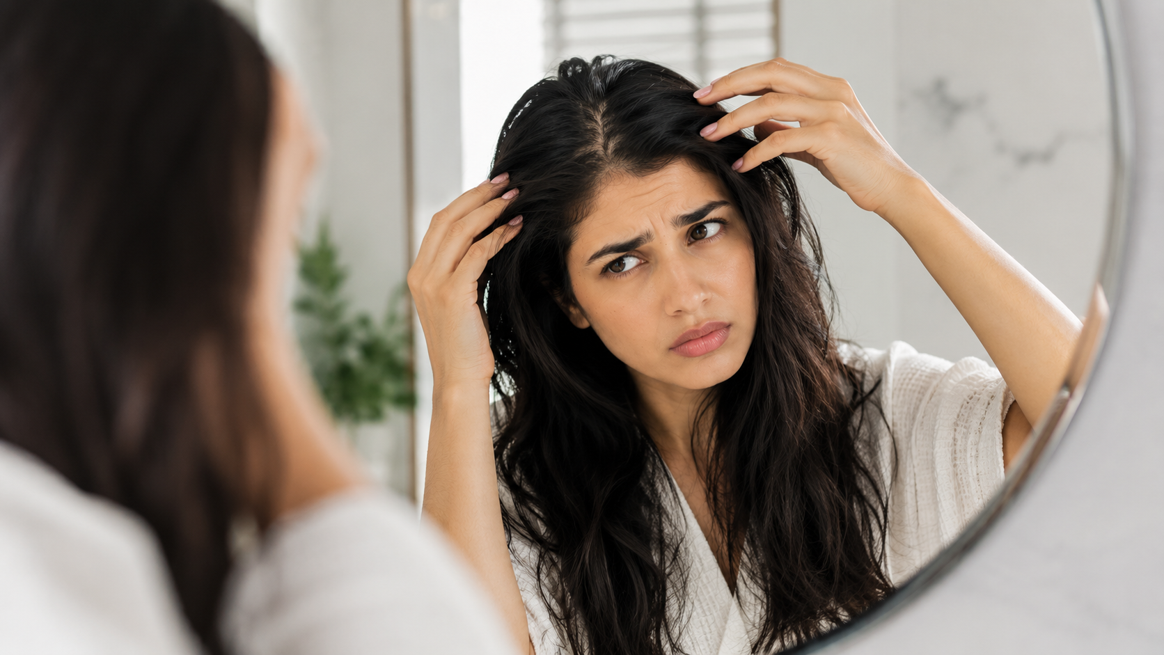 woman looking at her hair in the mirror