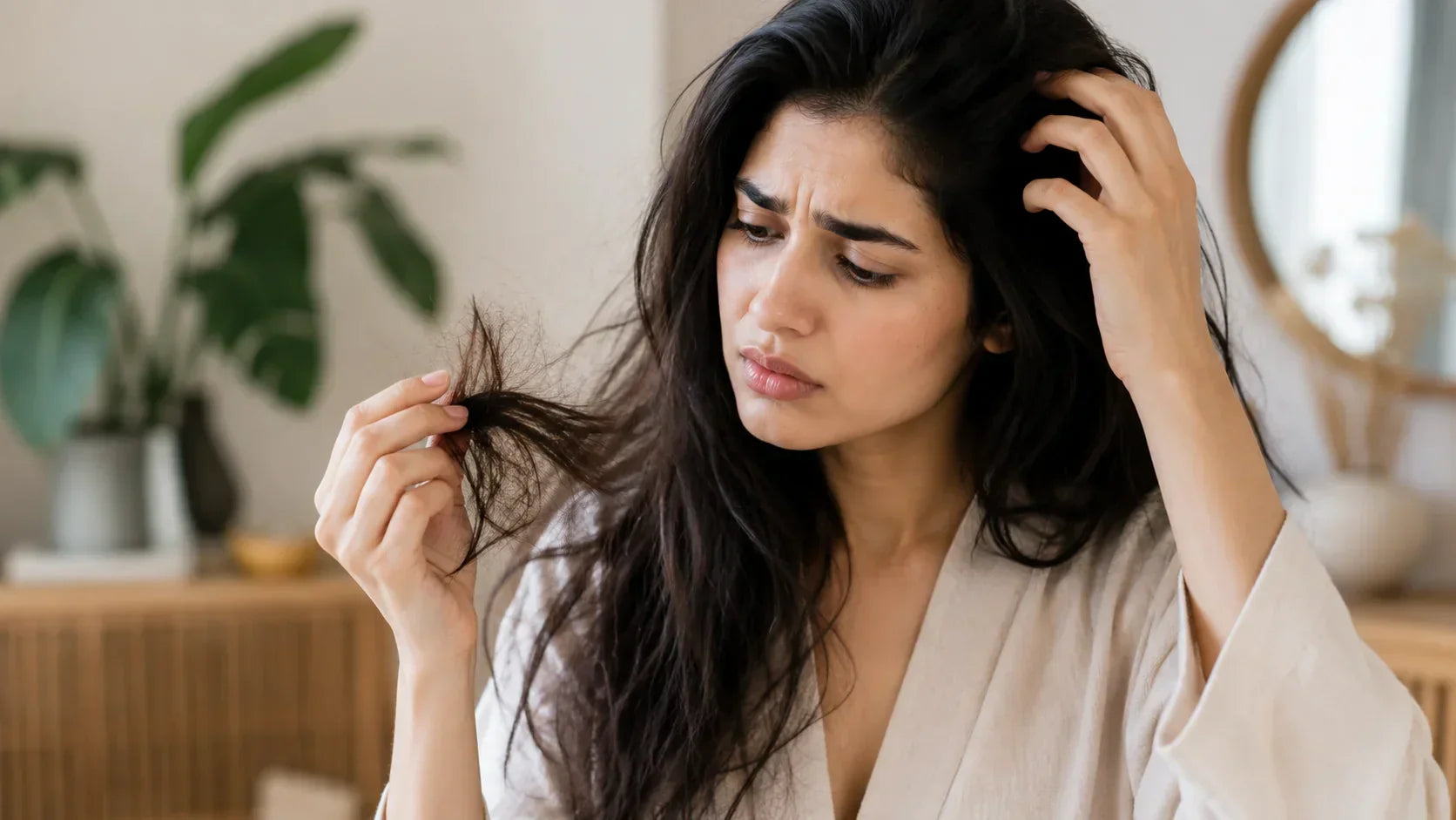 woman examining her hair