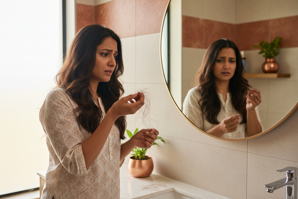 Indian woman checking loose hair strands in mirror – sudden hair fall guide