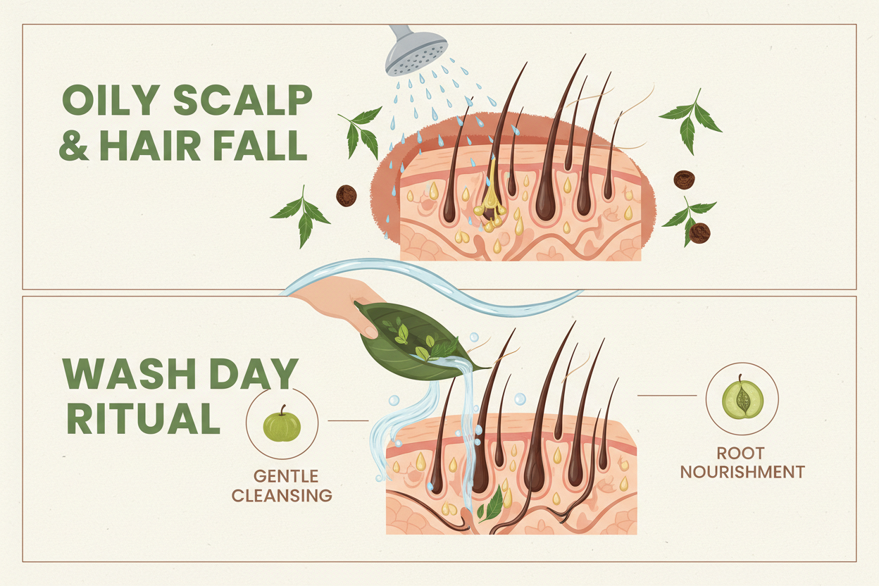 Oily Scalp &amp; Hair Fall: Wash-Day Shedding Explained by Svarasa
