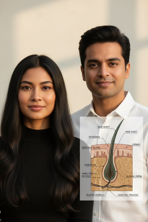 Portrait of Indian man and woman with hair follicle diagram – science of hair fall in Indians guide”