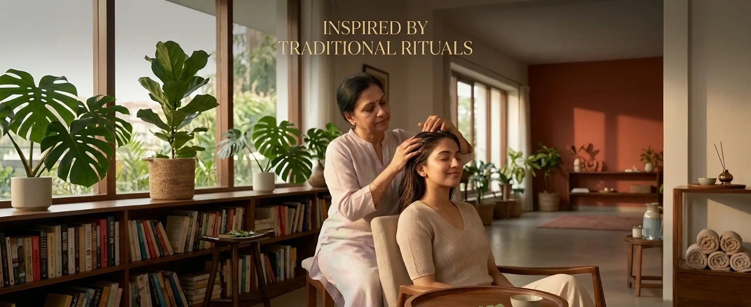 A mother oiling her daughter's hair at home