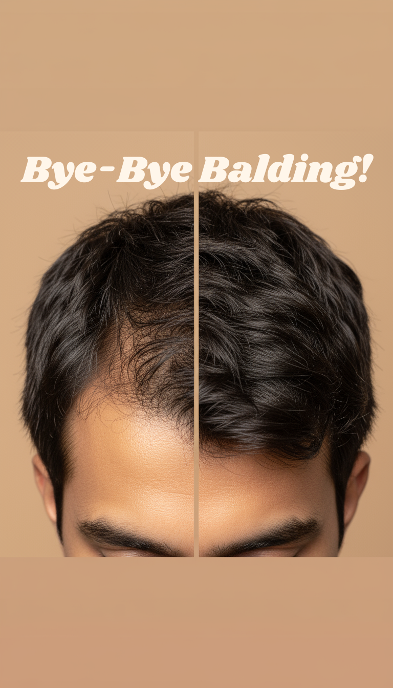 Before and after comparison of hair growth on a person's head using Svarasa's products