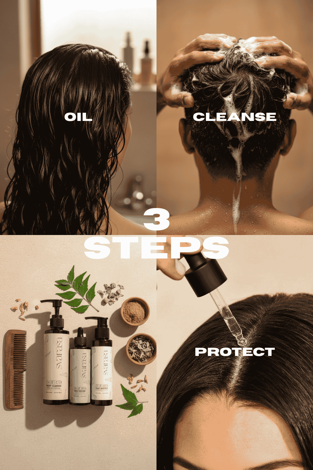 Svarasa Ritual Step-by-step hair care routine with oil, cleanse, and protect stages.