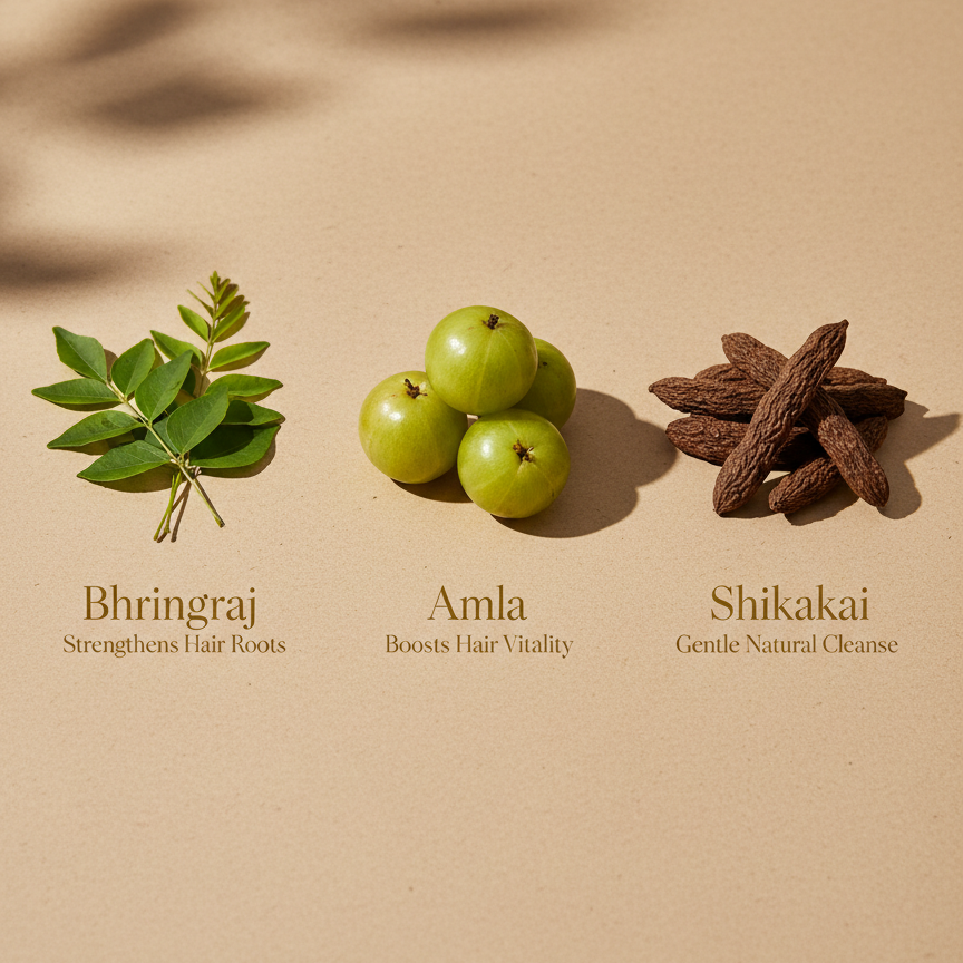 Svarasa Three natural ingredients on a beige background with labels underneath.