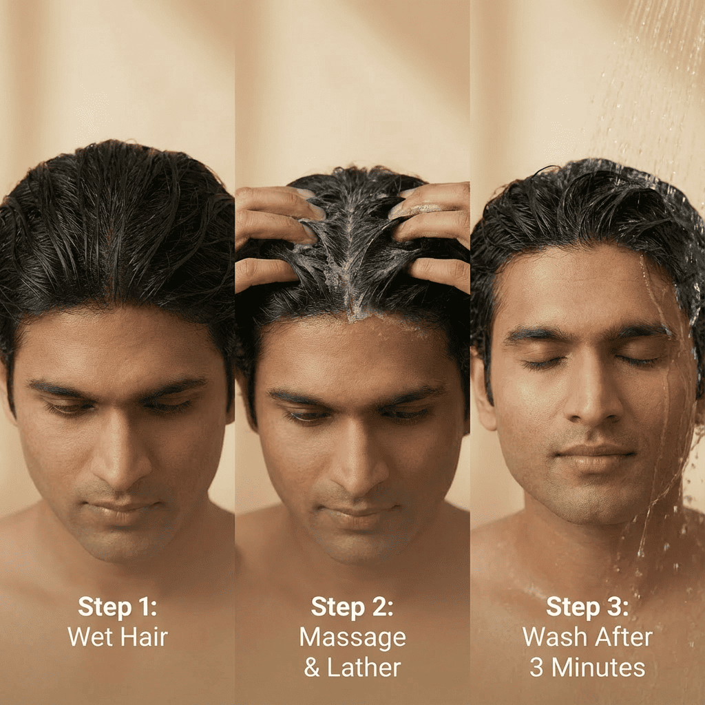 Svarasa's shampoo Three-step process for washing hair with a man demonstrating each step on a beige background.