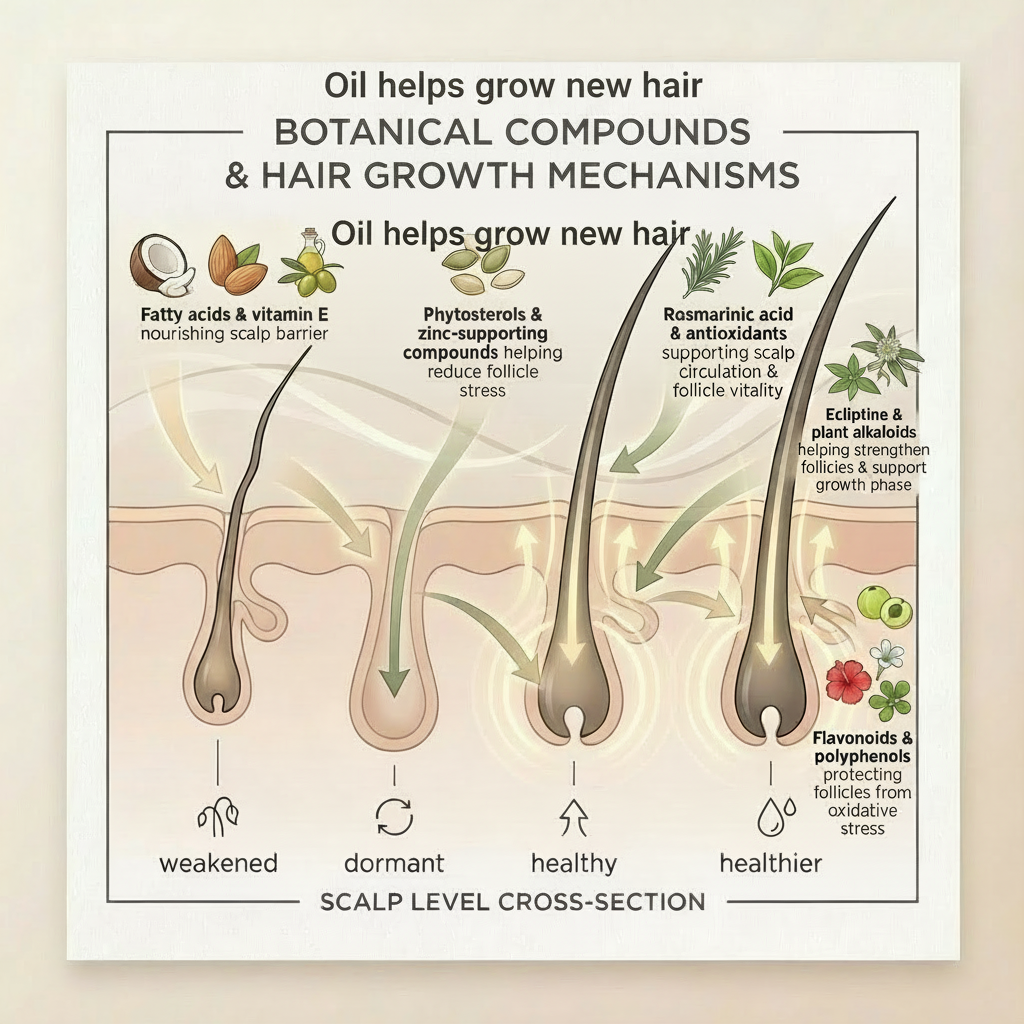 Svarasa's - Diagram of botanical compounds and hair growth mechanisms on a beige background