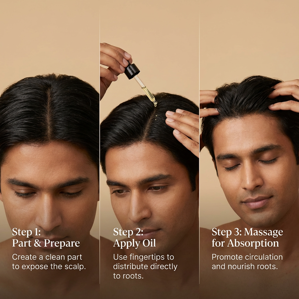Svarasa How to use Three-step hair care routine with a man applying oil to his scalp.