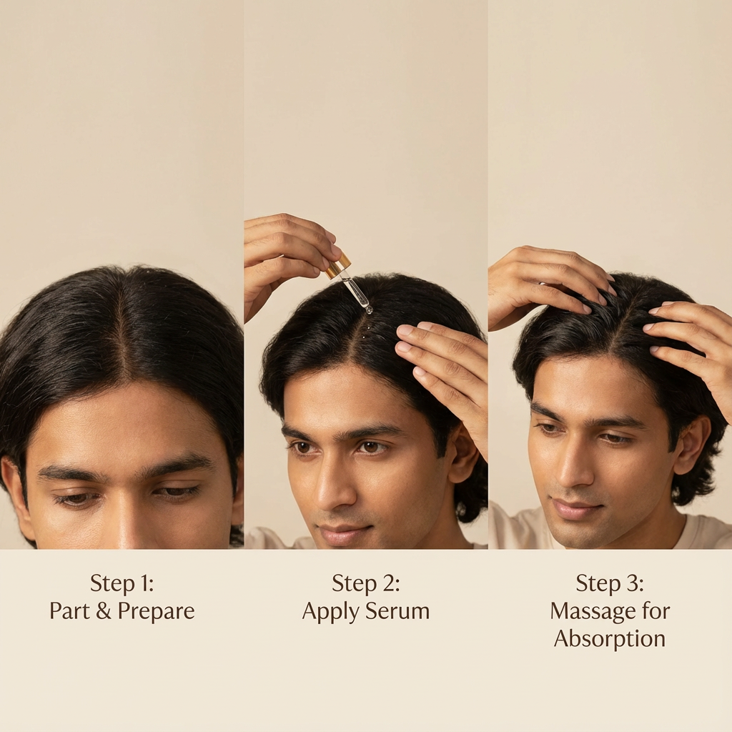 Svarasa Step-by-step hair care routine with a man applying serum to his hair.