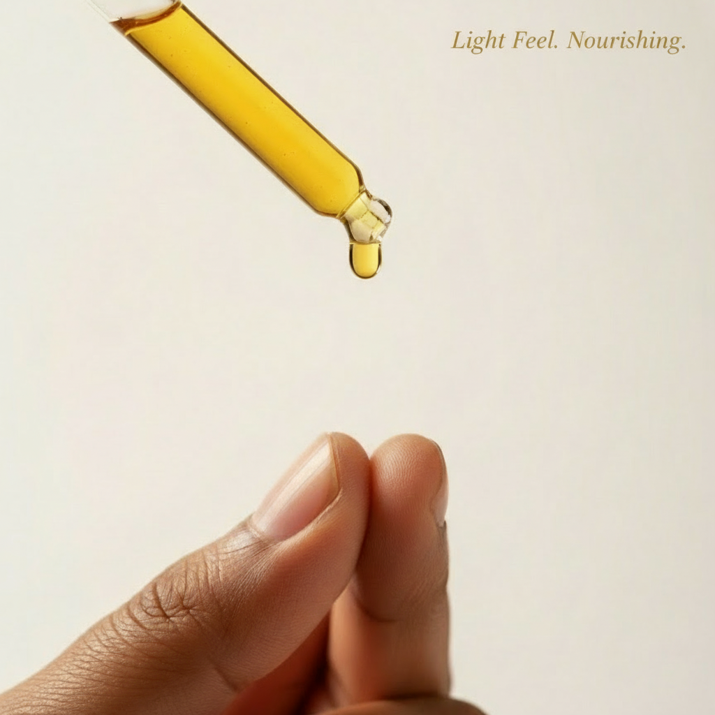 Svarasa Oil Texture Hand holding a dropper with yellow liquid and text 'Rich Nourishment Light Feel' on a light background
