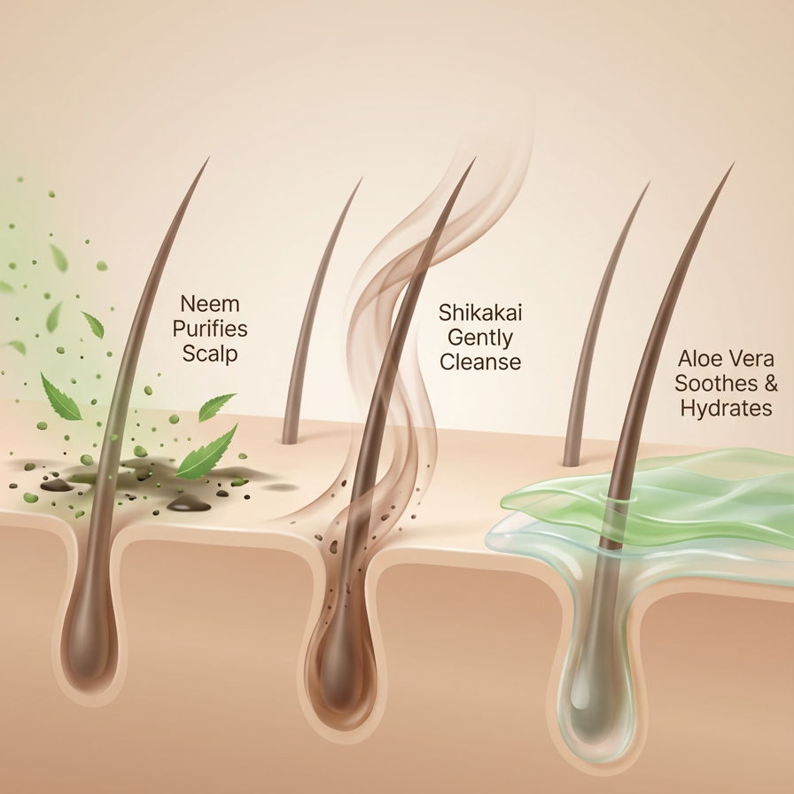 Svarasa - Illustration of hairfall with Neem, Shikakai, and Aloe Vera benefits on a beige background