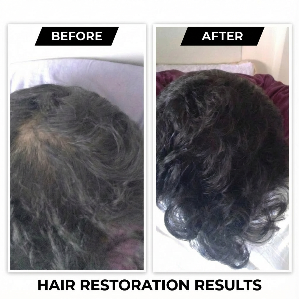 Svarasa Before and after hair restoration results showing a significant increase in hair density and volume.