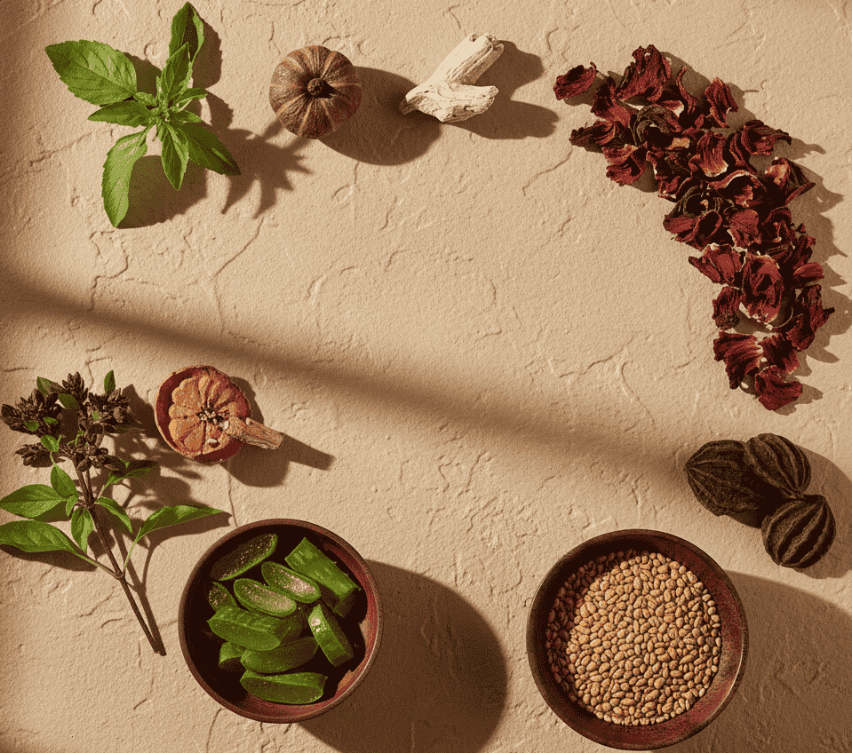 Svarasa Ingredients Spices and herbs arranged on a textured surface with bowls of green leaves and brown seeds.