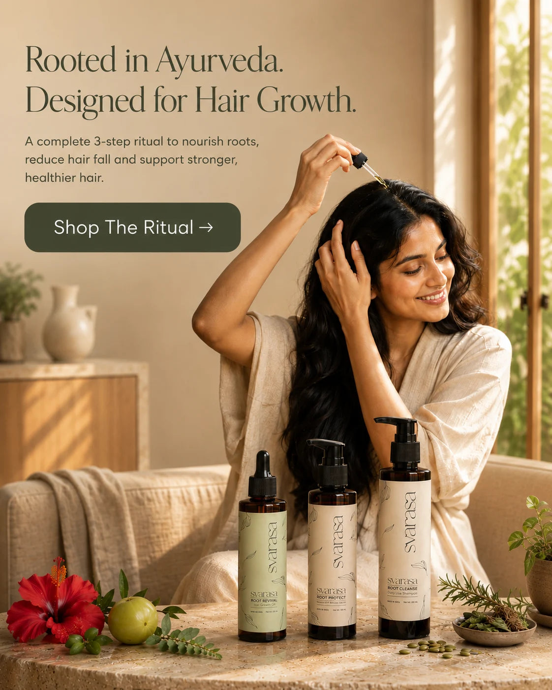 Woman applying hair oil with Ayurveda-themed products on a table.