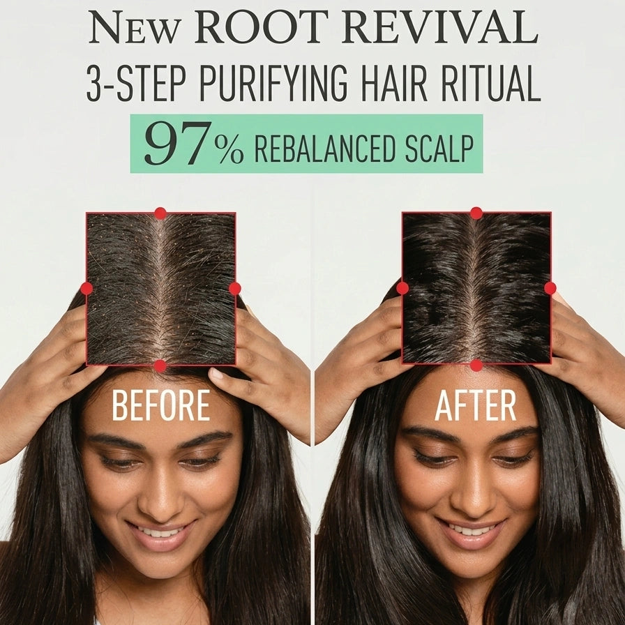 Before and after comparison of a hair care product with text about root revival and scalp balance.