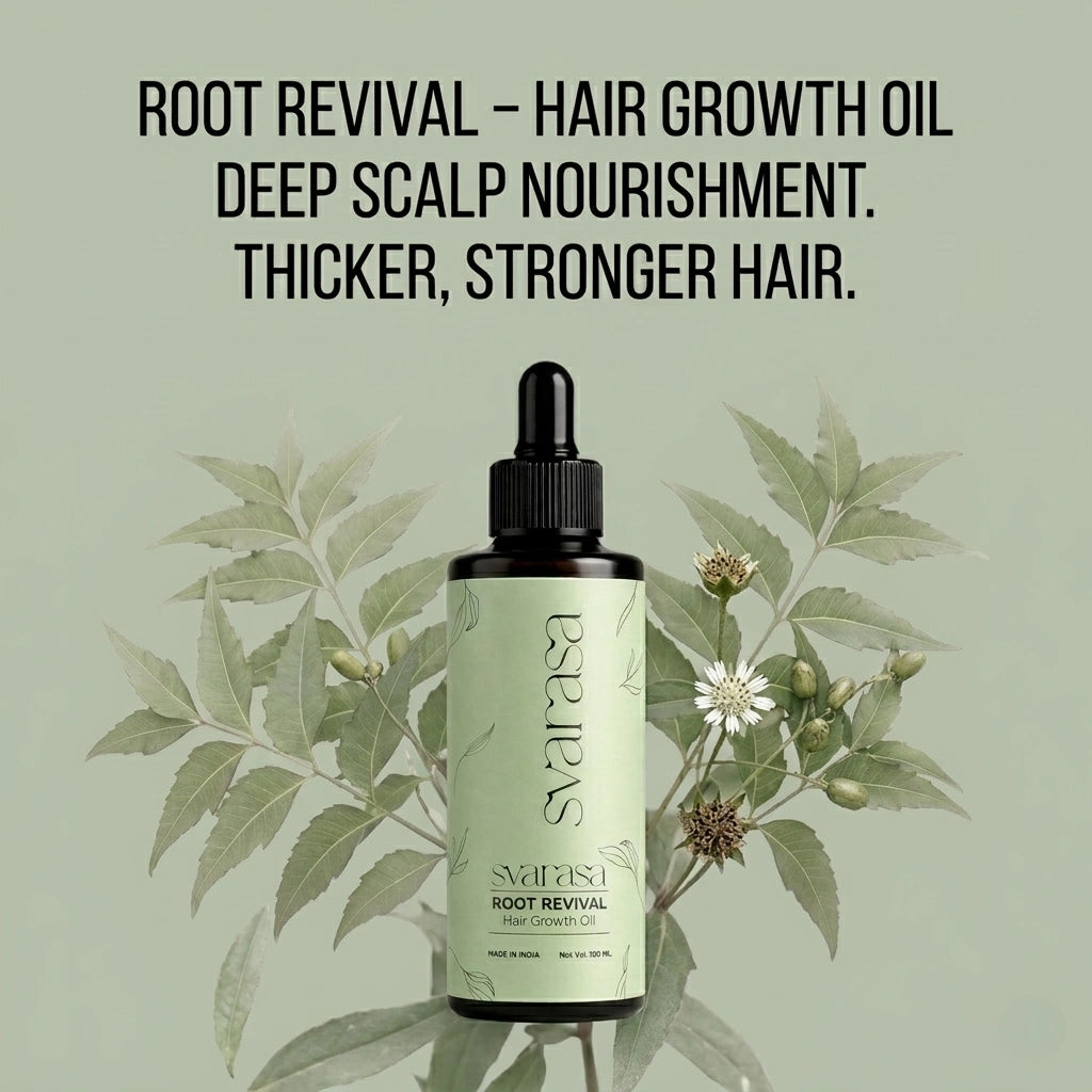 Svarasa Root Revival hair growth oil bottle with text on a green background