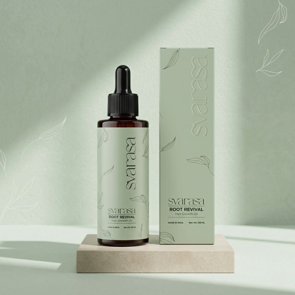 Svarsa Root Revival hair growth oil bottle and packaging on a light green background