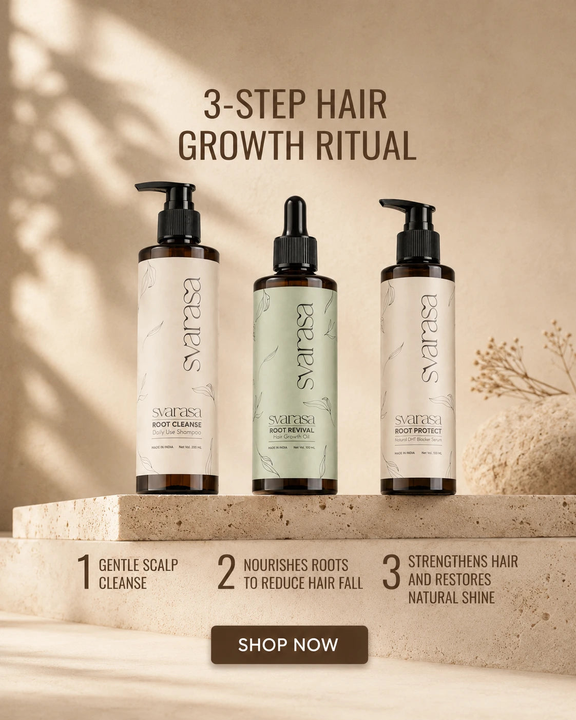 Three hair care products with a '3-Step Hair Growth Ritual' description on a neutral background.