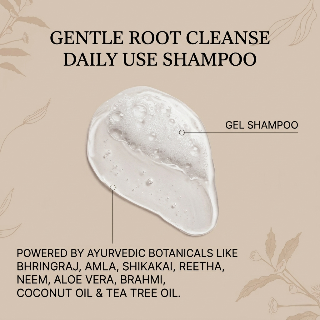 Gentle root cleanse daily use shampoo with a swatch on a beige background