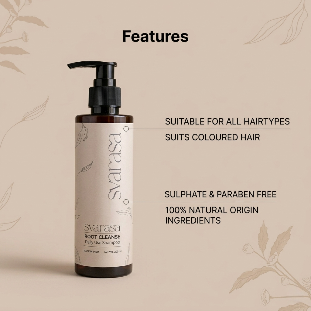 Svarasa shampoo bottle with features listed on a beige background