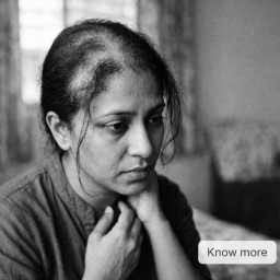 Black and white photo of a woman with her hand on her chin, looking thoughtful.