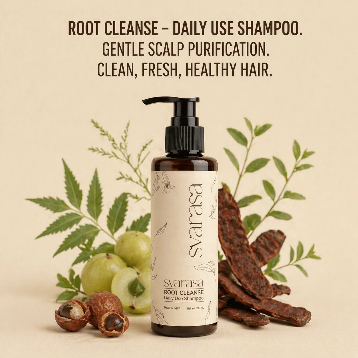 Svareasa Root Cleanse shampoo bottle with natural ingredients on a beige background
