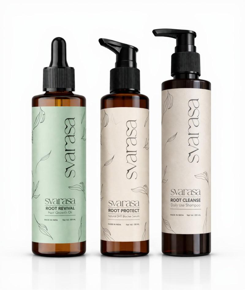 Three Svarasa hair care products on a white background