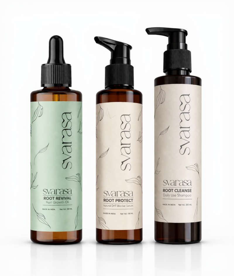 Three Svarasa hair care products on a white background