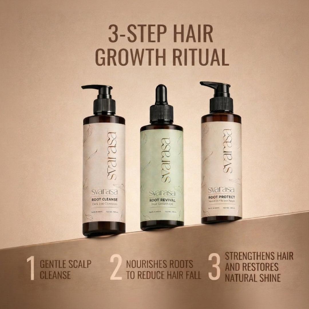 Three Svarasa hair care products with a '3-Step Hair Growth Ritual' description on a beige background.