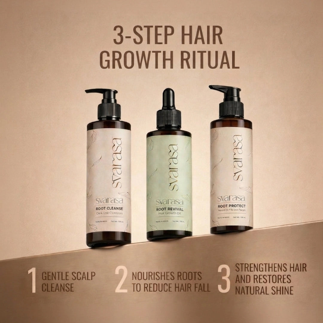 Three hair care products with labels on a beige background, featuring a 3-step hair growth ritual.
