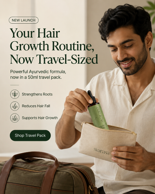 Man holding a travel-sized hair care product with promotional text about a new launch.