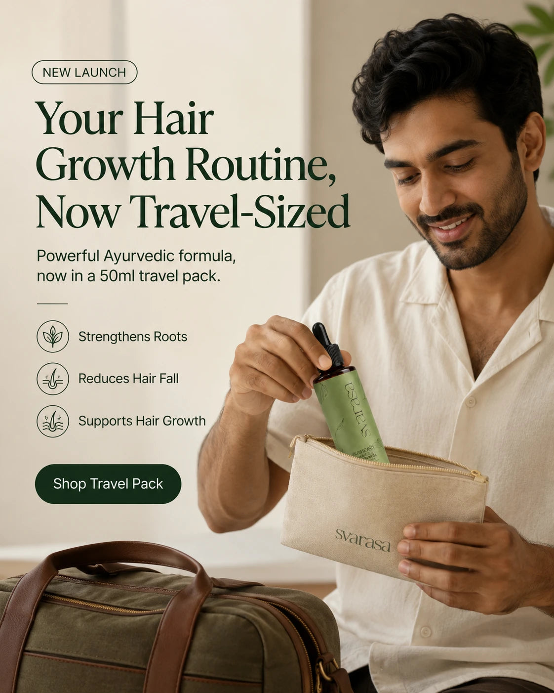 Man holding a travel-sized hair care product with promotional text about a new launch.