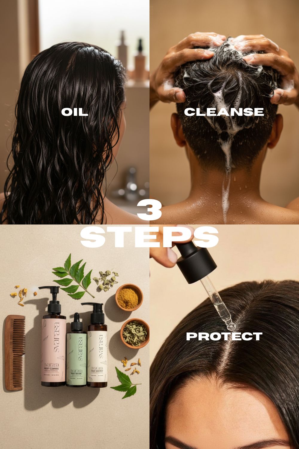 Svarasa Routine Hair care routine steps with oil, cleanse, and protect labeled on a collage.