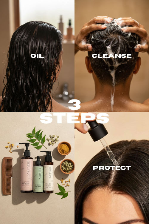 Svarasa Routine Hair care routine steps with oil, cleanse, and protect labeled on a collage.