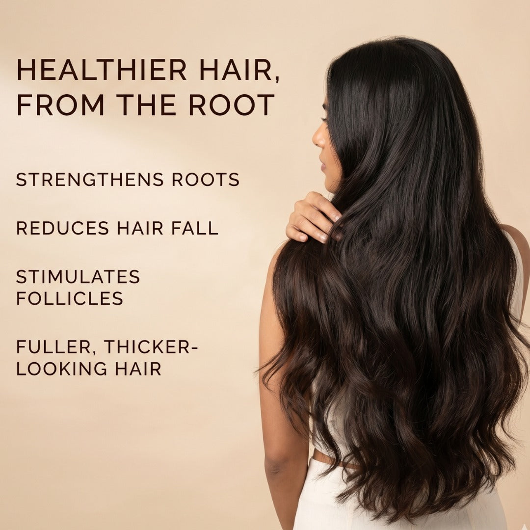 Woman with long, healthy hair on a beige background with text about hair care benefits.