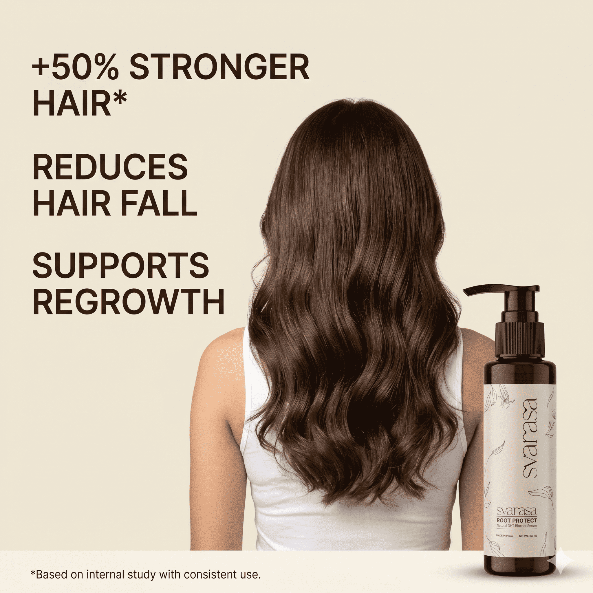 Woman with long, healthy hair next to a bottle of hair care product on a beige background