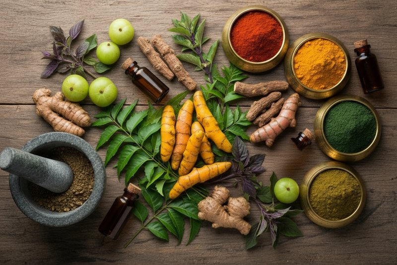 Spices and herbs on a wooden surface with green leaves and bottles.