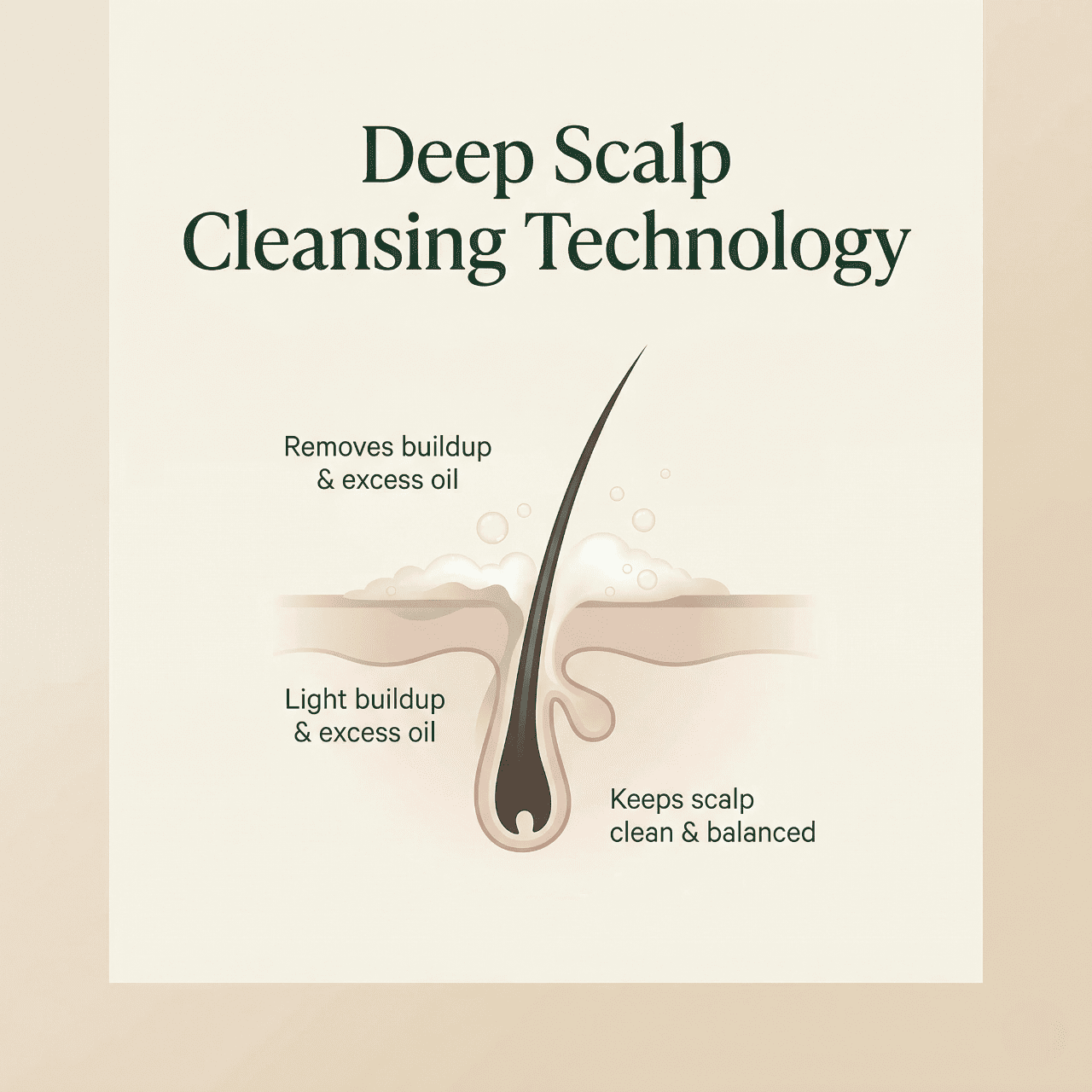 Diagram of deep scalp cleansing technology with text on a beige background