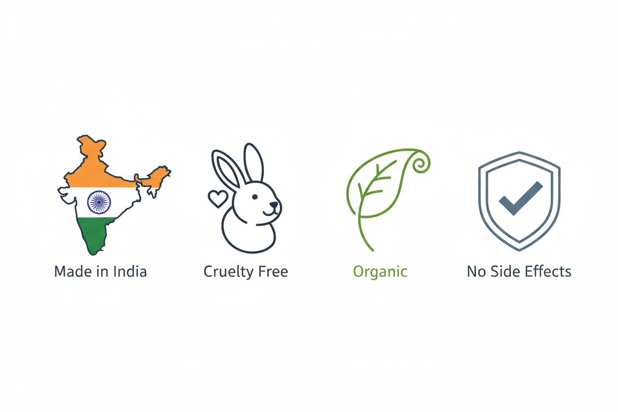 Image with icons depicting 1. made in india 2. cruelty free 3. organic 4. no side effects