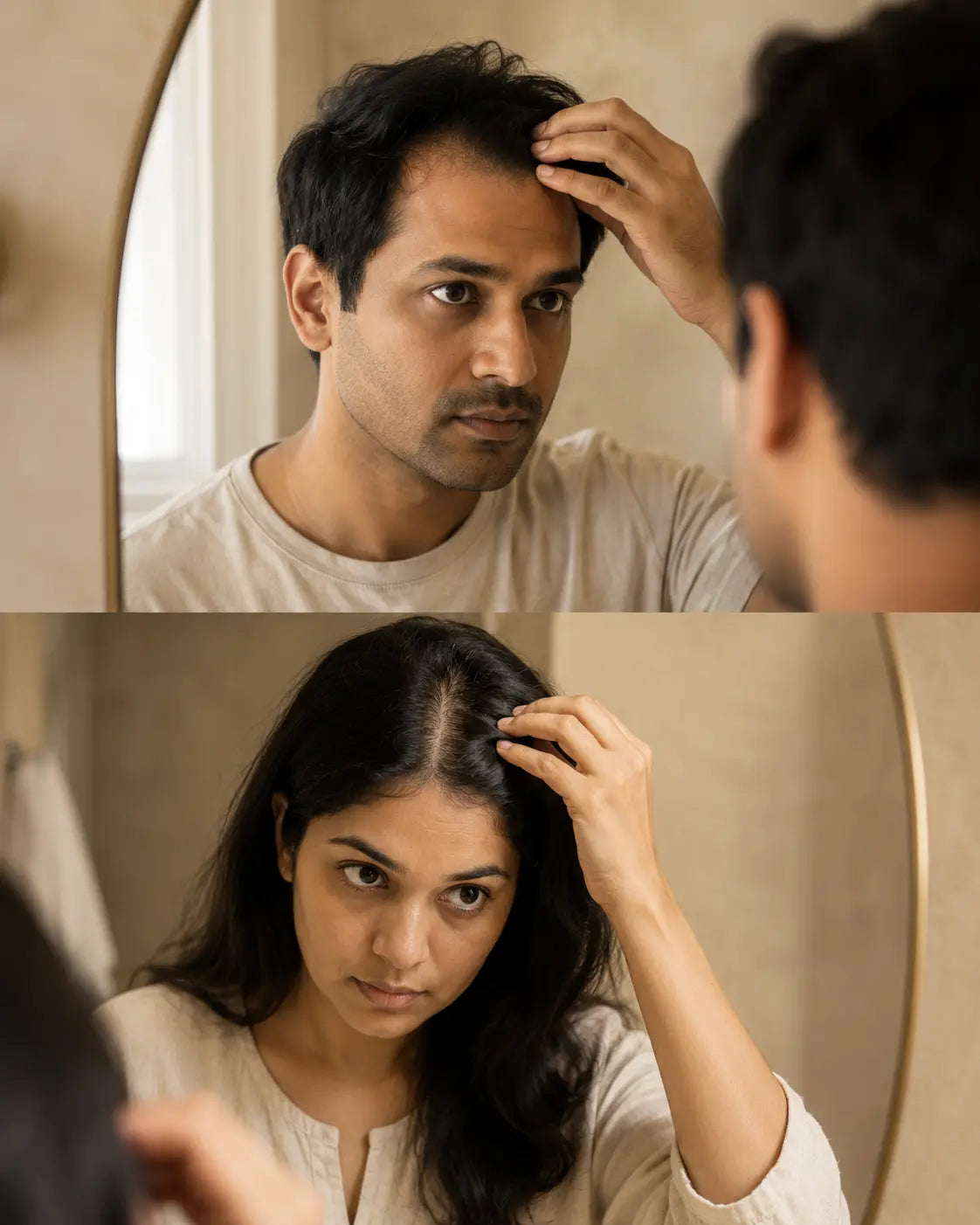 A man checking his hairline and a woman checking her part, both in the mirror