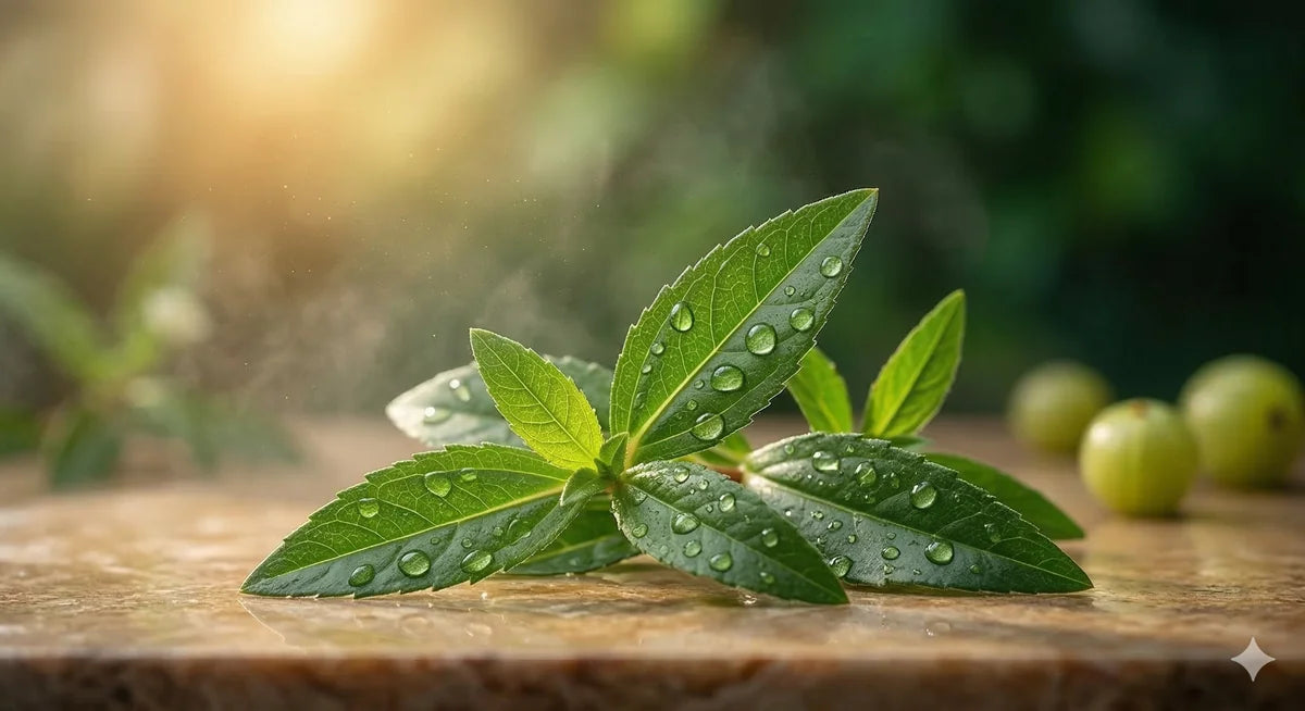 Green leaves with water droplets on a wooden surface, with green fruits in the background.