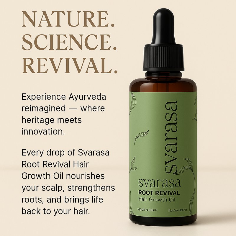 Svarasa Root Revival Hair Growth Oil bottle with text on a beige background